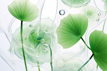 Fototapeta na wymiar Water with green leaves. Trendy white background for cosmetic product presentation. Generative Ai