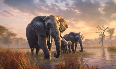 Fototapeta na wymiar a painting of a family of elephants walking in the grass. generative ai