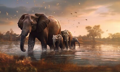 Fototapeta na wymiar a herd of elephants walking across a body of water under a cloudy sky. generative ai