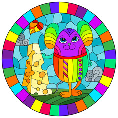 Obraz na płótnie Canvas A stained glass illustration with a cute cartoon mouse on a background of leaves and sky, round image in a bright frame