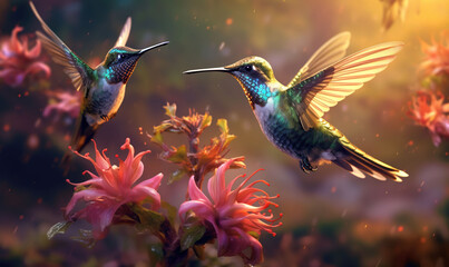  a couple of hummingbirds flying next to a bunch of flowers.  generative ai