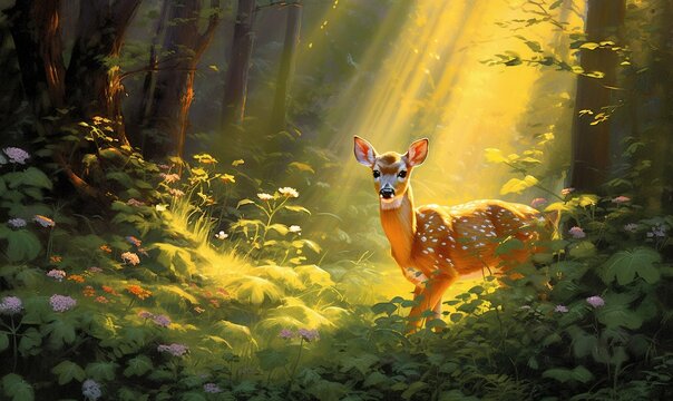  a painting of a deer in a forest with sunbeams.  generative ai