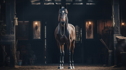Fototapeta na wymiar A Beautiful Horse Stands in the Middle of Horse Stables inside a Barn - Dramatic and Moody Lighting - Generative AI
