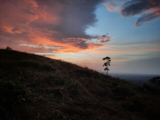 The sun set in a purple sky from a mountain with a single tree