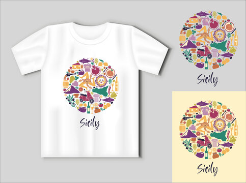 Set of icons on a theme of Sicily in the form of a circle. Travel concept with t-shirt mockup