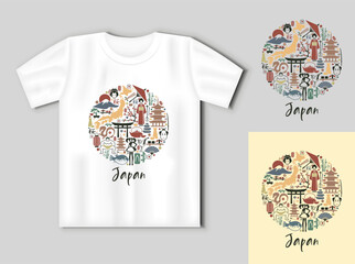 Japan icons in the form of a circle. Travel concept with t-shirt mockup