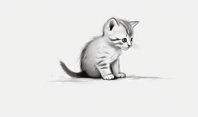  a pencil drawing of a kitten sitting on the ground looking at something.  generative ai