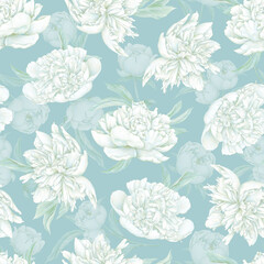 Fototapeta premium White pastel peony seamless pattern. Hand drawn blooming flowers on blue background. Soft tones