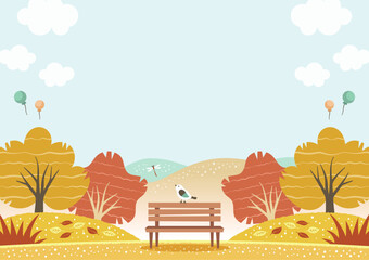 秋の紅葉と公園のベンチにとまる小鳥 自然風景の背景イラスト