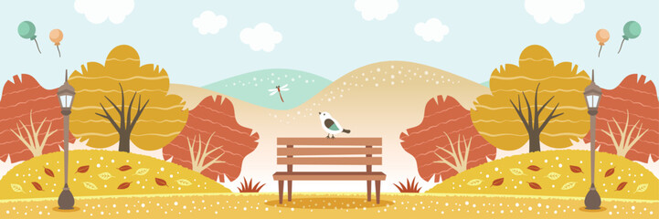 秋の紅葉と公園のベンチにとまる小鳥 自然の風景イラスト