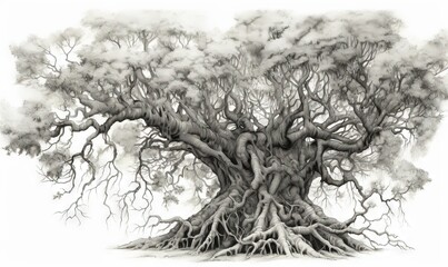  a drawing of a large tree with many branches and roots.  generative ai