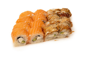 Sushi with cream cheese, eel and salmon isolated on white background.