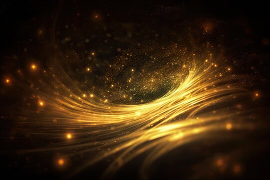 Golden Ethereal Swirls on Black Background. Spiral Light Effects Generative AI illustrations