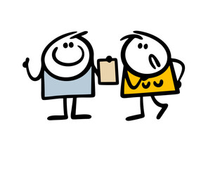 Satisfied stickman holds a prenuptial agreement in his hand. Disgruntled wife looks reproachfully at her husband.