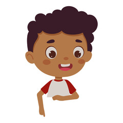 Fototapeta premium Cute little boy points his finger at the empty poster. Template for children design. Cartoon schoolboy character. Vector illustration