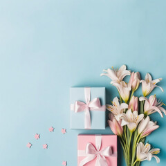 Flowers composition. Frame made of white lily flowers and gift box on colered background. Flat lay, top view, copy space