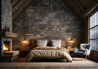 interior of a cabin bedroom in forest
