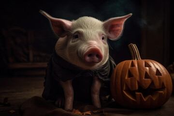 Cute domestic little pig and Halloween pumpkin, AI Generated