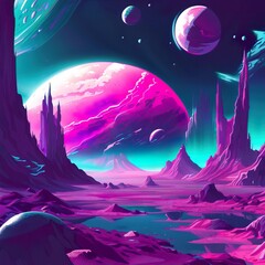 Retro sci-fi Generative AI illustration with vaporwave aesthetics. Retro futuristic scene in a blue violet colors. Alien world. Dramatic extraterrestrial landscape. Vintage fantastic wallpaper.