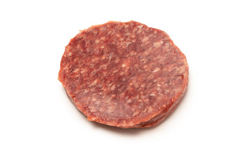Raw minced beef isolated on white background.