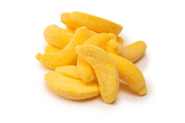 Juicy colorful jelly banana sweets isolated on white.