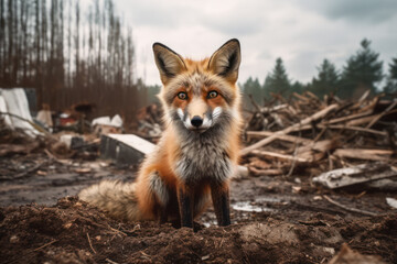 Naklejka na ściany i meble fox in a ruined forest environment