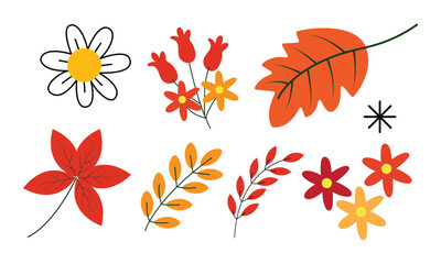 Obraz premium Autumn leaves set, isolated on white background. Simple cartoon flat style. Isolated vector illustration. Design for stickers, logo, web and mobile app.