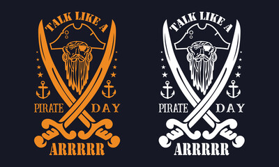 Talk Like A Pirate Day Arrrrr T shirt Design Vector. Skull in pirate bandana with knife in mouth. Print for T-shirt, typography, vintage graphic print for t shirt , fashion, sticker, posters and other