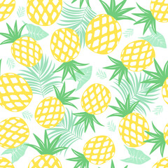 Seamless pineapple with tropical leaves. Summer print