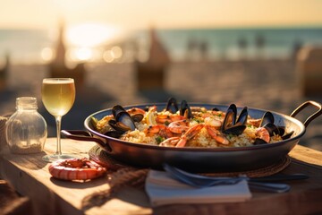 Traditional spanish paella with seafood served in a pan on the table in a restaurant on the beach generative ai