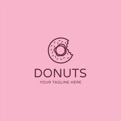 Donuts Vector Flat Modern Linear Logo Design on Pink Background. Simple Bakery Symbol of Dessert Fast Food, Street Food, Sweets for Cafe Menu, Banner, Web, Branding Identity.