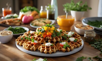 Fototapeta na wymiar a plate of waffles on a table with other plates of food. generative ai