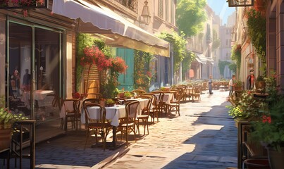  a painting of a street with tables and chairs on it.  generative ai