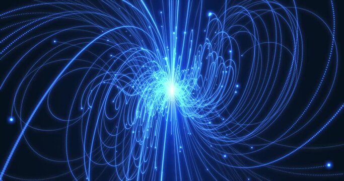 Animation of the flight of charged particles in a magnetic field. Tracks of particles in a bubble chamber. An abstract tangle of growing threads.