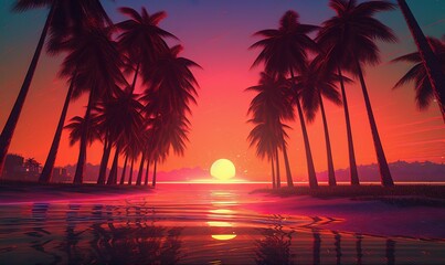Fototapeta na wymiar a painting of a sunset with palm trees and the sun setting. generative ai