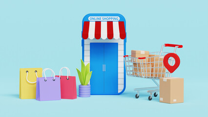Online shopping store and website in a smartphone concept, Digital marketing online, shopping cart with bags and home delivery boxes. 3D rendered illustration