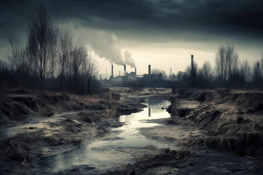 Environmental pollution, a large industrial enterprise pollutes the air with emissions into the atmosphere, AI Generated