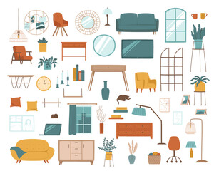 A set of furniture for the living room and office. Flowers, sofas, armchairs, tables, chest of drawer, tv. Different furniture for drawing up an interior in one style. Flat vector illustration.