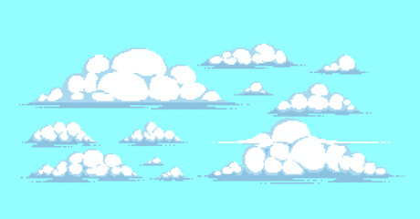 Set of isolated vector pixel art clouds for retro games.