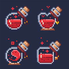 Pixel art set of bottles with red magic, healing potion and elixir. Icon resolution 24 x 24.