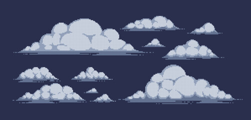 Set of isolated vector pixel art thunderclouds for retro games.