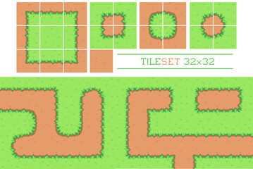Pixel art tile set for 2d top-down retro game. A set of ground tiles with grass for platformer. Location and landscape constructor. The resolution of the block is 32 x 32 pixels.