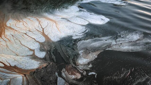 Chemical contamination on the surface of the water in the reservoir. Discharge of poisoned industrial waste into water.
