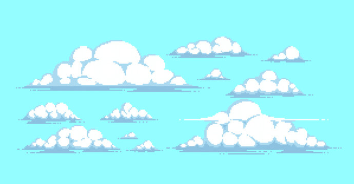 Set Of Isolated Vector Pixel Art Clouds For Retro Games.