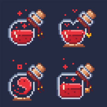 Pixel art set of bottles with red magic, healing potion and elixir. Icon resolution 24 x 24.