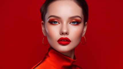 Portrait of a beautiful girl model with bright makeup on a red background, generative ai tools