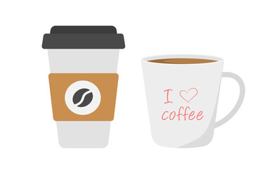 White coffee mug and plastic coffee cup on a white background.