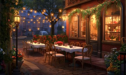  a painting of a patio with tables and chairs and lights.  generative ai