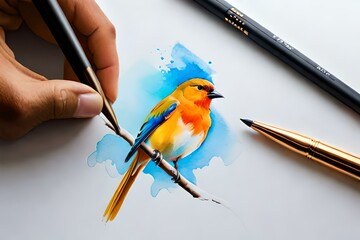 beautiful birds draw with waters colors on white paper Generative Ai technology