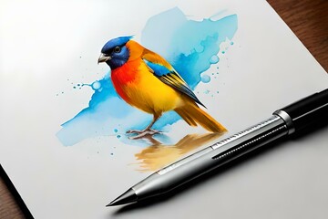 beautiful birds draw with waters colors on white paper Generative Ai technology